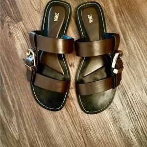 Zara Women's Dark Brown Sandals with Gold Buckle